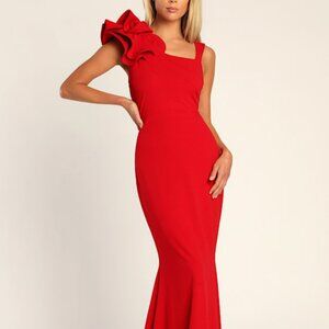 Lulus Lucette Red Sleeveless Ruffled Mermaid Maxi Dress - Size M